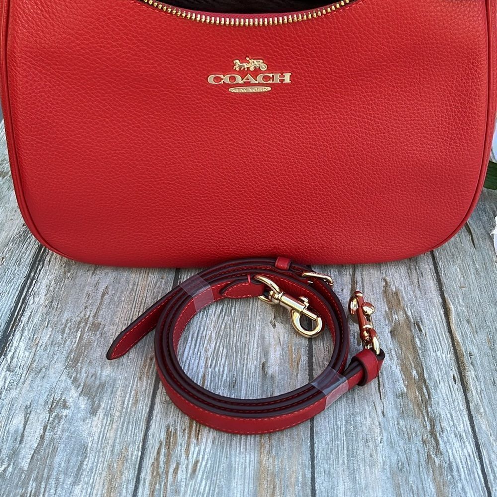 Coach Teri Hobo Shoulder Bag Pebble Leather Purse Red - Picture 8 of 10